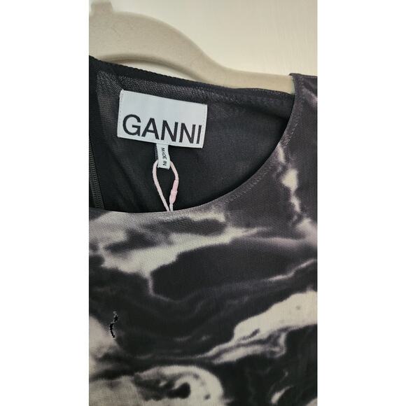 GANNI Gathered Mesh Black & White Dress Sz 44 - Picture 6 of 9